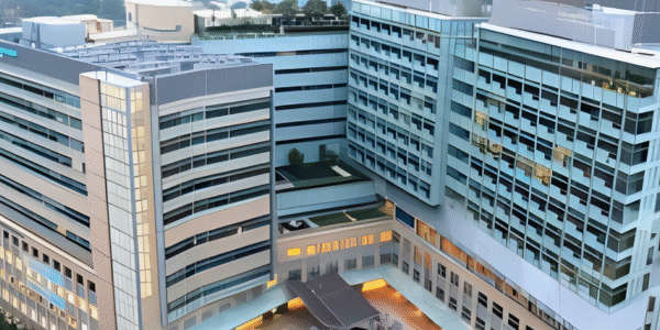 A modern multi-storey hospital building in Singapore representing Mount Elizabeth Hospital’s Orchard Road facility.